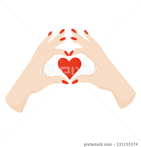 Female hands making heart shape gesture with red heart symbol for Valentines Day or love concept. 135133374