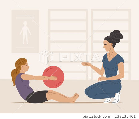 Physical therapy doctor helping child exercise abdominal muscles with ball 135133401