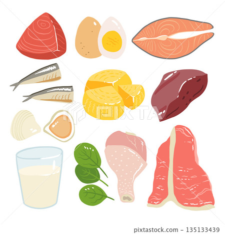 Collection of vitamin B12 food. cheese, eggs, clams, beef, turkey, milk, liver, spinach, sardines, tuna, salmon. Dietetic products, organic natural nutrition. Flat vector cartoon illustration Collection of vitamin B12 food. cheese, eggs, clams, beef, turkey, milk, liver, spinach, sardines, tuna, salmon. Dietetic products, organic natural nutrition. Flat vector cartoon illustration 135133439