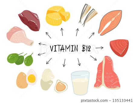 Collection of vitamin B12 food. cheese, eggs, clams, beef, turkey, milk, liver, spinach, sardines, tuna, salmon. Dietetic products, organic natural nutrition. Flat vector cartoon illustration Collection of vitamin B12 food. cheese, eggs, clams, beef, turkey, milk, liver, spinach, sardines, tuna, salmon. Dietetic products, organic natural nutrition. Flat vector cartoon illustration 135133441