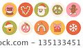 Groovy hippie Christmas round stickers. Santa Claus, Christmas tree, gifts, rainbow, peace, ho ho ho, winter, gingerbread in trendy retro cartoon style. Cartoon characters and elements. 135133451