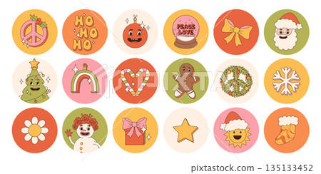 Groovy hippie Christmas round stickers. Santa Claus, Christmas tree, gifts, rainbow, peace, ho ho ho, winter, gingerbread in trendy retro cartoon style. Cartoon characters and elements. 135133452