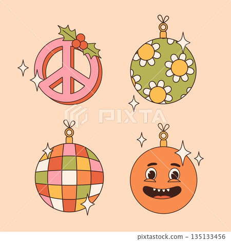 Groovy hippie Christmas stickers. Santa Claus, tree, smile, peace, rainbow in trendy retro cartoon style. Merry Christmas and Happy New year greeting card, poster, print, party invitation, background. 135133456