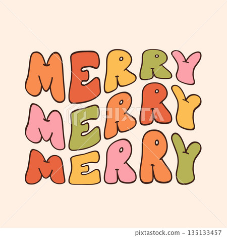 Groovy hippie Christmas stickers. Santa Claus, tree, smile, peace, rainbow in trendy retro cartoon style. Merry Christmas and Happy New year greeting card, poster, print, party invitation, background. 135133457