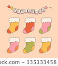 Groovy hippie Christmas stickers. Santa Claus, tree, smile, peace, rainbow in trendy retro cartoon style. Merry Christmas and Happy New year greeting card, poster, print, party invitation, background. 135133458
