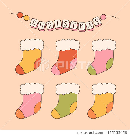 Groovy hippie Christmas stickers. Santa Claus, tree, smile, peace, rainbow in trendy retro cartoon style. Merry Christmas and Happy New year greeting card, poster, print, party invitation, background. Groovy hippie Christmas stickers. Santa Claus, tree, smile, peace, rainbow in trendy retro cartoon style. Merry Christmas and Happy New year greeting card, poster, print, party invitation, background. 135133458