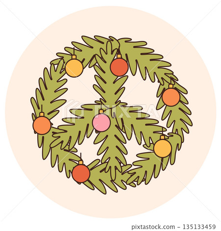 Groovy hippie Christmas stickers. Santa Claus, tree, smile, peace, rainbow in trendy retro cartoon style. Merry Christmas and Happy New year greeting card, poster, print, party invitation, background. Groovy hippie Christmas stickers. Santa Claus, tree, smile, peace, rainbow in trendy retro cartoon style. Merry Christmas and Happy New year greeting card, poster, print, party invitation, background. 135133459