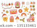 Groovy hippie Christmas stickers. Santa Claus, Christmas tree, gifts, rainbow, peace, holly jolly vibes, ho ho ho, winter, gingerbread in trendy retro cartoon style. Cartoon characters and elements. 135133461