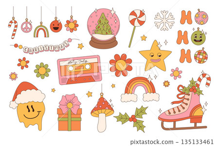 Groovy hippie Christmas stickers. Santa Claus, Christmas tree, gifts, rainbow, peace, holly jolly vibes, ho ho ho, winter, gingerbread in trendy retro cartoon style. Cartoon characters and elements. Groovy hippie Christmas stickers. Santa Claus, Christmas tree, gifts, rainbow, peace, holly jolly vibes, ho ho ho, winter, gingerbread in trendy retro cartoon style. Cartoon characters and elements. 135133461