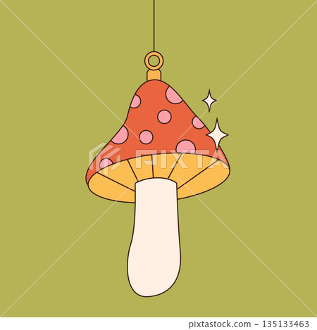 Groovy hippie Christmas stickers. Santa Claus, tree, smile, peace, rainbow in trendy retro cartoon style. Merry Christmas and Happy New year greeting card, poster, print, party invitation, background. 135133463