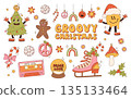 Groovy hippie Christmas stickers. Santa Claus, Christmas tree, gifts, rainbow, peace, holly jolly vibes, ho ho ho, winter, gingerbread in trendy retro cartoon style. Cartoon characters and elements. 135133464