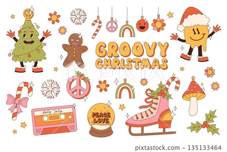 Groovy hippie Christmas stickers. Santa Claus, Christmas tree, gifts, rainbow, peace, holly jolly vibes, ho ho ho, winter, gingerbread in trendy retro cartoon style. Cartoon characters and elements. Groovy hippie Christmas stickers. Santa Claus, Christmas tree, gifts, rainbow, peace, holly jolly vibes, ho ho ho, winter, gingerbread in trendy retro cartoon style. Cartoon characters and elements. 135133464