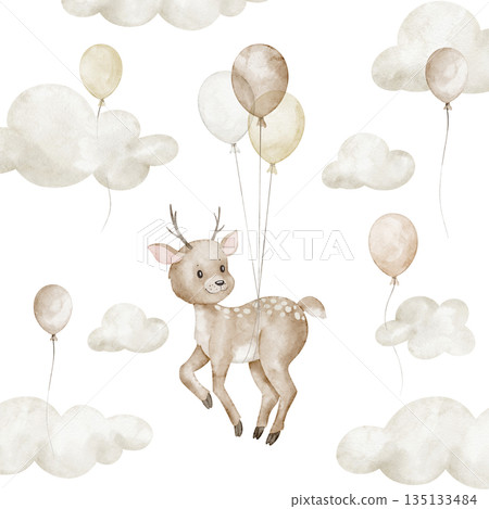 Baby fawn watercolor illustration surrounded by clouds and balloons in beige pastel sky. Soft nursery artwork with Deer for baby room posters, children greeting cards and kids invitations. Baby fawn watercolor illustration surrounded by clouds and balloons in beige pastel sky. Soft nursery artwork with Deer for baby room posters, children greeting cards and kids invitations. 135133484