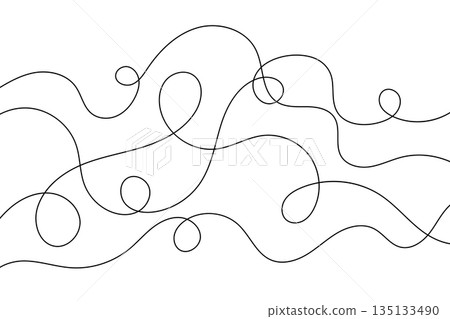 Hand drawn wavy ornament, abstract squiggle line background with thin and thick strokes forming tangled freehand design 135133490