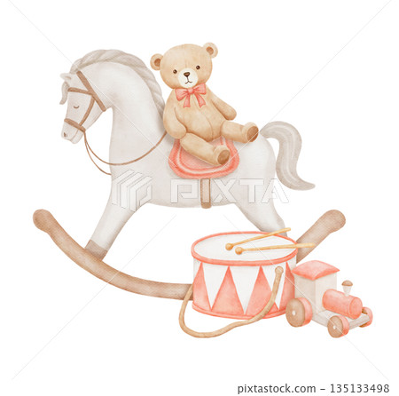 Vintage teddy bear on horse, toys, hand drawn watercolor pastel composition isolated on white 135133498