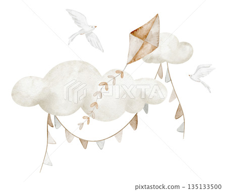 Kite with Clouds watercolor illustration, Drawing of flying toy with garlands and birds for baby shower invitations or childish birthday invitations. Pastel art for nursery posters or kids design. 135133500