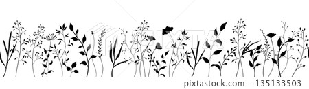 Wildflowers seamless border. Black hand drawn vector illustration with spring or summer flowers. Botanical field isolated on white Wildflowers seamless border. Black hand drawn vector illustration with spring or summer flowers. Botanical field isolated on white 135133503