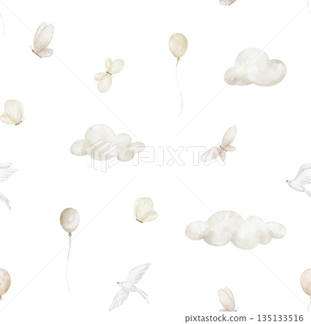 Tiny watercolor illustration pattern with clouds, balloons, birds and butterflies. Pastel beige Seamless background for baby nursery wallpapers or children textiles. Art for kids wrapping and surface. 135133516