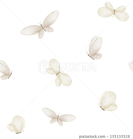 Butterfly watercolor pattern with flying insects in light beige pastel colors. Seamless background for baby nursery textiles and children wallpapers. Backdrop for fabric prints and surface design. Butterfly watercolor pattern with flying insects in light beige pastel colors. Seamless background for baby nursery textiles and children wallpapers. Backdrop for fabric prints and surface design. 135133528