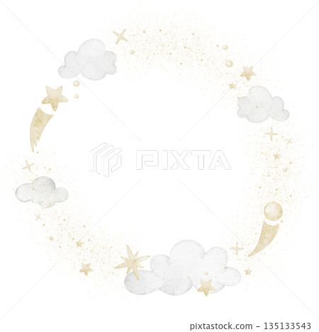 Wreath watercolor illustration with stars and clouds. Template with comets in pastel colors for Baby shower greeting cards or childish invitations. Art of circular Frame for nursery stationary. 135133543