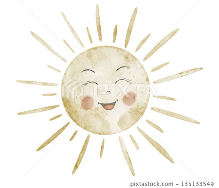 Sun with smiling face watercolor illustration. Drawing of sky element with warm shining rays. Art with daylight for nursery posters or baby shower greeting cards and invitations. Isolated clipart. 135133549