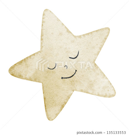 Star with smiling face watercolor illustration in pastel yellow colors. Drawing of celestial element for nursery design or baby shower greeting cards or invitations. Clipart on isolated background. 135133553