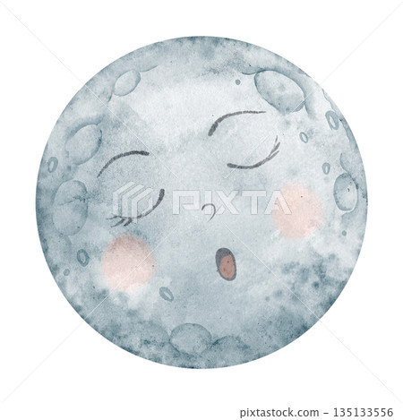 Moon watercolor illustration. Drawing of sleeping lunar sphere with soft craters in pastel colors for nursery posters or baby shower greeting cards. Celestial art for childish invitations. 135133556