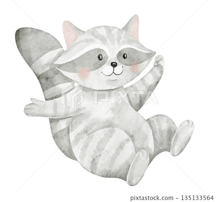 Raccoon baby watercolor illustration. Drawing of cute soft forest animal for nursery posters or baby shower greeting cards and childish invitations. Delicate character for kids projects in pastel tone Raccoon baby watercolor illustration. Drawing of cute soft forest animal for nursery posters or baby shower greeting cards and childish invitations. Delicate character for kids projects in pastel tone 135133564