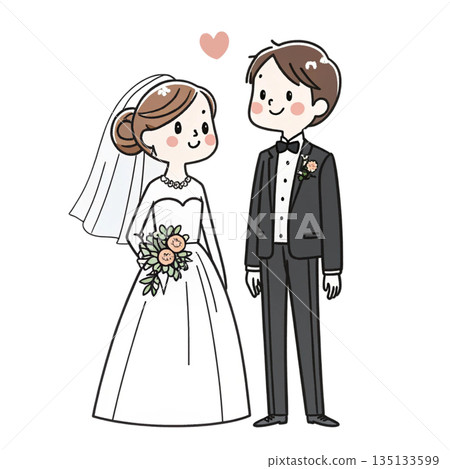 Adorable Japanese kawaii wedding couple groom in black tuxedo with white background Adorable Japanese kawaii wedding couple groom in black tuxedo with white background 135133599