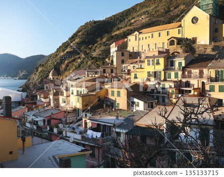 View of Vernazza, town in Cinque Terre, from mountain. Nature and sea, traditional buildings of Liguria, Italy. Architecture protected by UNESCO. Background for design. 135133715