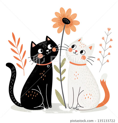 Charming cat couple illustration black cat and white cat standing side by side white background  135133722