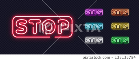 Bundle of bright STOP neon signs in various shades, great for warnings, alerts or interface controls. 135133784