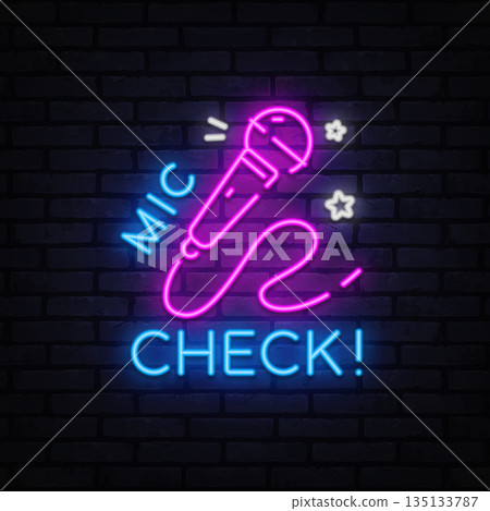 Karaoke. A neon mic with stars and text evokes the start of a show and soundcheck before the spotlight. 135133787