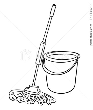 Hand drawn cleaning mop with bucket in simple line style isolated on white background. The illustration represents housework, hygiene and domestic cleaning concept 135133798