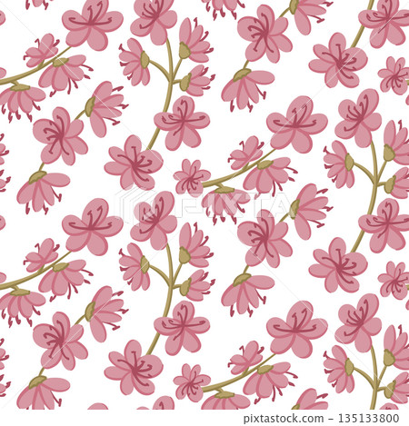 Hand drawn seamless floral pattern with pink cherry blossom flowers and branches on white background. The illustration represents spring mood, romantic nature and repeating botanical textile concept Hand drawn seamless floral pattern with pink cherry blossom flowers and branches on white background. The illustration represents spring mood, romantic nature and repeating botanical textile concept 135133800
