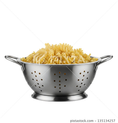 Fresh fusilli pasta corkscrew pasta in metal colander after boiling, isolated. Simple food background for italian recipes and cooking Fresh fusilli pasta corkscrew pasta in metal colander after boiling, isolated. Simple food background for italian recipes and cooking 135134257