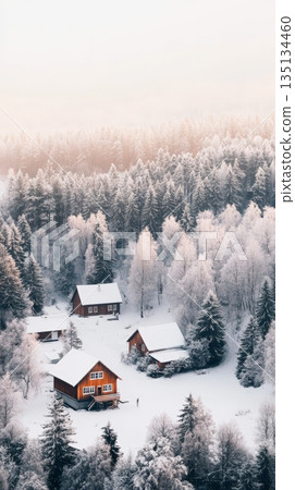 Beautiful winter landscape showing cozy wooden houses nestled in a snow covered forest, creating a serene and picturesque scene, perfect for a winter getaway 135134460