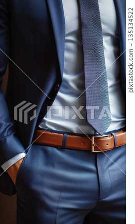 Man wearing blue suit with brown leather belt and textured tie, hands in pockets, showing confident business style 135134522