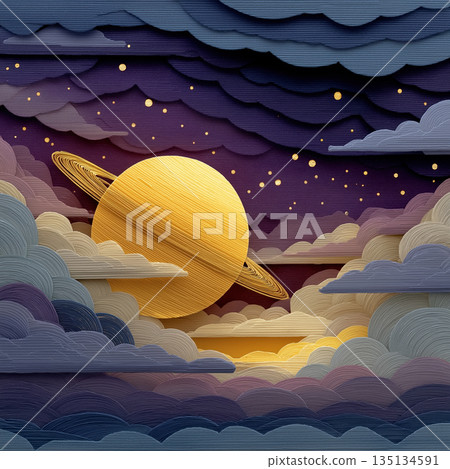 Paper art night sky fantasy planet glowing moon cloud star dream surreal cosmic wonder scene with calm mood 135134591