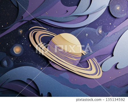 Saturn planet paper cut illustration surreal cosmic night sky dreamy abstract art 135134592