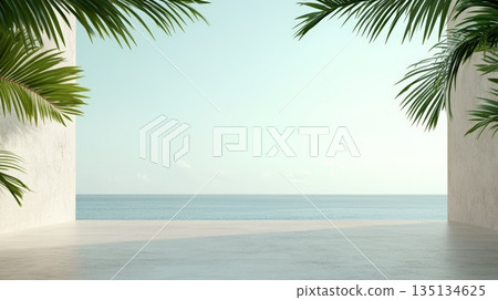 Offering a breathtaking tropical sea view from a concrete terrace, framed by swaying palm trees, creating an atmosphere of serenity and luxury in a tranquil coastal paradise 135134625