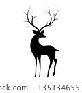 Deer Silhouette with Antlers Vector Illustration. Perfect for logos, wall art, posters, tattoos, stickers, nature themed designs, wildlife branding, outdoor graphics. 135134655