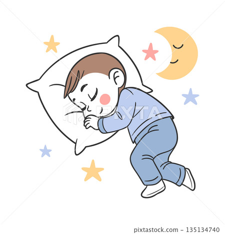 Cute baby boy sleeping in bed with moon and stars at night. Line art illustration. 135134740