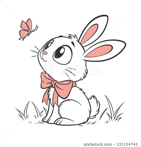 Sweet bunny looks at a pink butterfly. Line art illustration. Sweet bunny looks at a pink butterfly. Line art illustration. 135134743