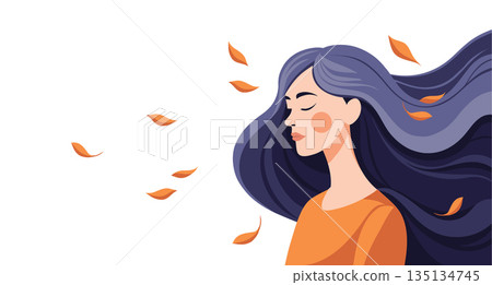 Calm woman profile with flowing hair and falling autumn leaves. Illustration. 135134745
