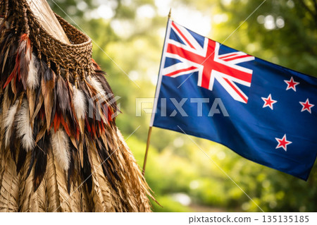 New Zealand flag with Maori feather cloak on Waitangi Day celebration.  135135185
