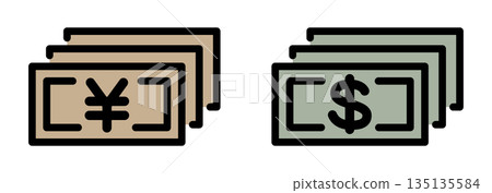 Japanese yen and American dollar banknote icons. 135135584