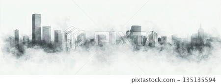 City skyline covered by heavy smog and fog representing air pollution from industrial smoke and traffic creating environmental problems and global warming 135135594