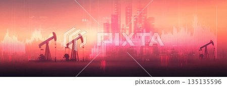 Oil pumps are extracting crude oil against backdrop of city skyline at sunset, with superimposed stock market graph indicating price volatility and global energy market trends 135135596