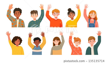 Happy waving kids. School children welcome new classmate, preschool smile kids hand wave say hi hello toddler hands up cute baby cartoon portrait avatars set vector illustration Happy waving kids. School children welcome new classmate, preschool smile kids hand wave say hi hello toddler hands up cute baby cartoon portrait avatars set vector illustration 135135714